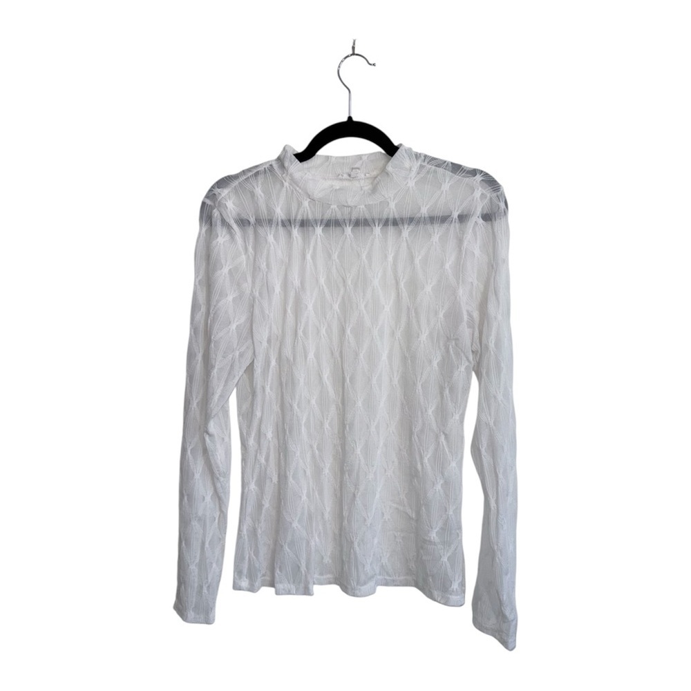 Maurices Argyle Sheer Mock Neck Top Solid White Long Sleeve Bridal Large Women’s - Picture 1 of 10